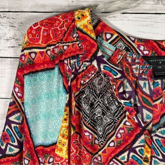 Investments ll Tunic Colorful Bright Smocked Neckline Button Placket Top 2X - Picture 6 of 8
